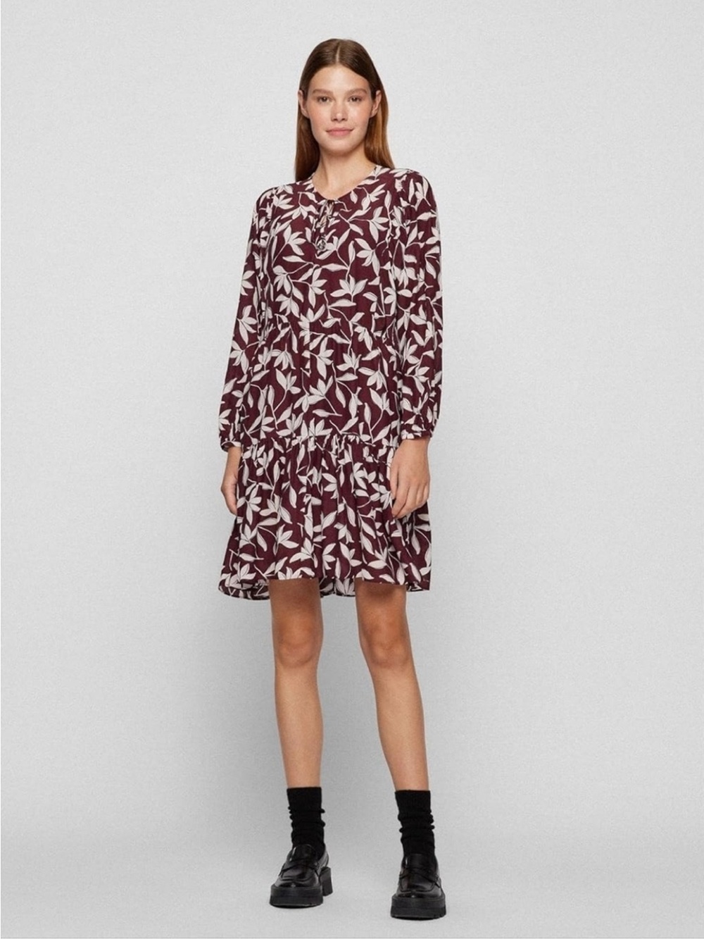 BOSS Women's Decento Floral Print Long Sleeve Tiered Dress